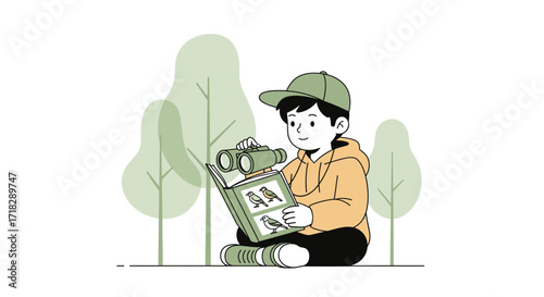 Young Observer In Nature Enthusiastically Inspecting Bird Life Through Binoculars And A Guidebook
