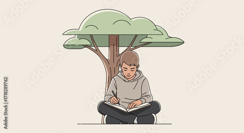 Young Man Writing Under Tree Enjoying Calm Moments In A Relaxing Enviroment