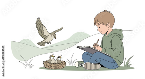Young Observer Capturing Nature's Wonders, Bird Watching, Nature Observation, And Drawing