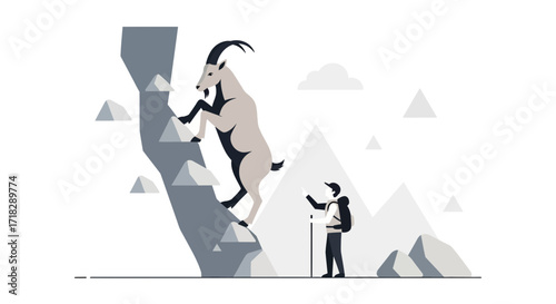 Mountain Goat Climbs Cliff Face While Hiker Observes Nature's Athleticism