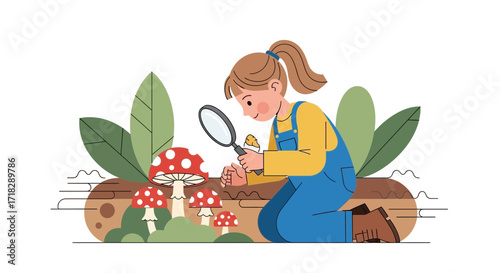 Young Observer Examining Mushrooms With Magnifying Glass In Nature's Embrace