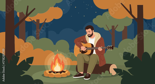 Musical Solitude: A Musician Serene Solo Under The Forest Stars With Acoustic Guitar