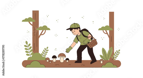 Mushroom Collector Exploring The Forest, Finding Edible Fungi And Gathering Harvest