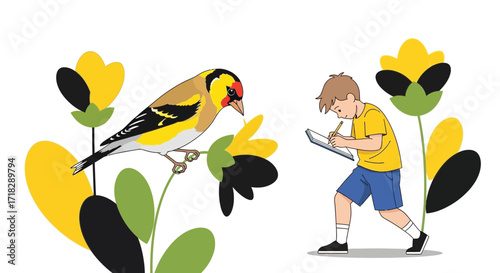 Young Observer Recording Ornithological Notes Of A Colorful Bird In Nature