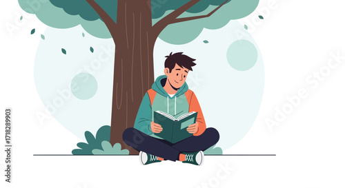 Young Person Absorbed In Reading Beneath A Tree, Enjoying Leisure and Solitude