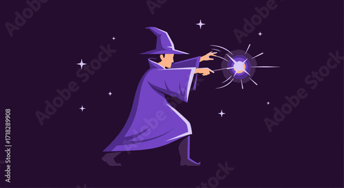 Mystical Magician with Purple Robes and Magical Starburst on Dark Background