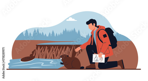 Nature Enthusiast Interacting Calmly With A Rodent Near A Beaver Dam In Wilderness Scenario