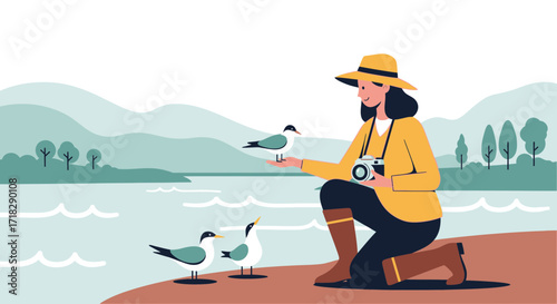 Nature Photography Enthusiast Capturing Seagulls by a Serene Lakeside Landscape Scene