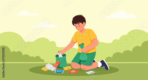 Young Person Collecting Trash in a Park for Environmental Preservation and Cleanliness