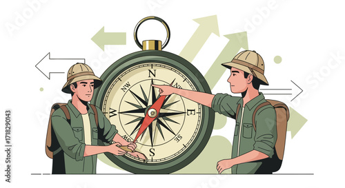 Navigational Guidance: Two Adventurers Charting A Path Using A Compass For Expedition