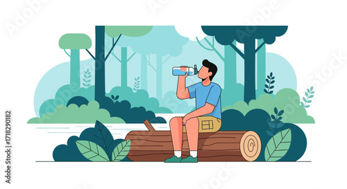 Young Person Drinking Water While Resting On A Log, Forest Illustration Scene