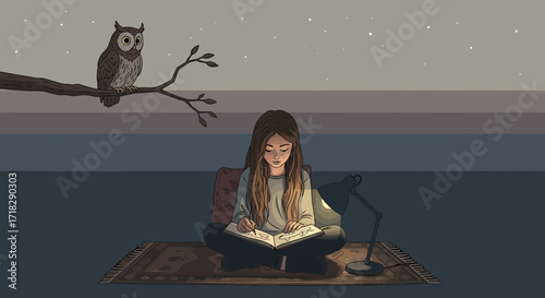 Nocturnal Artist In Her Sanctuary, Illuminated By A Gentle, Guiding Lamplight