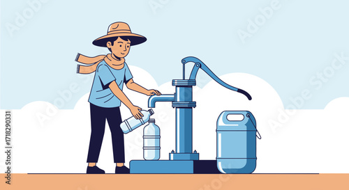 Young Person Filling Water Bottle From Hand Pump Under The Warm Sunlight