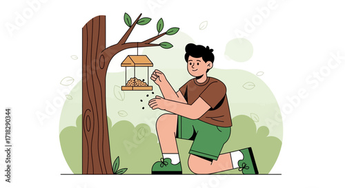 Young Person Feeds Birds, Promoting Wildlife Care And Backyard Nature Enjoyment