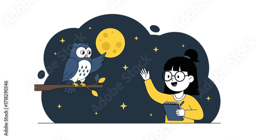 Nocturnal Dialogue Between An Owl And A Spectacled Human Under The Moonlight
