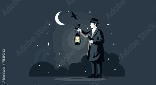 Nocturnal Messenger: A Man With a Lantern and Ravens Under a Starry Midnight Sky