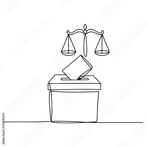 Democracy and justice concept – ballot voting box with scales of law continuous line vector illustration