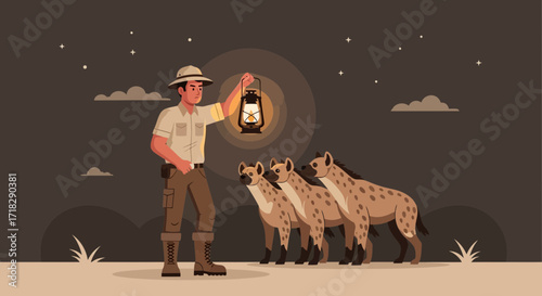 Nocturnal Encounter Depicts Explorer with Lantern and Three Spotted Hyenas Under Starry Sky