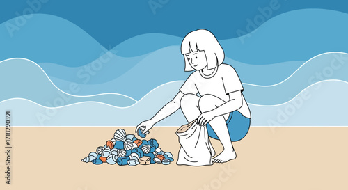 Young Person Gathering Seashells on Beach with Ocean Waves in Background