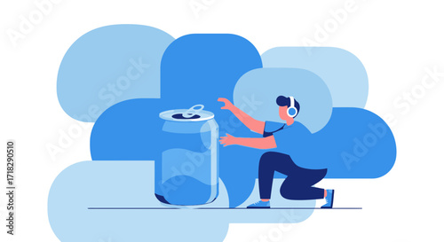 Young Person Listening To Music While Reaching For Refreshing Beverage Can