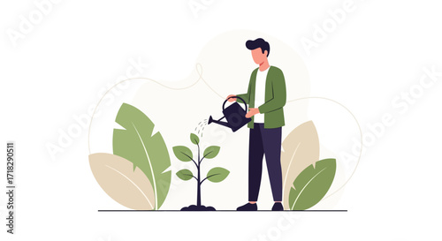 Nurturing Life: A Gardener Carefully Watering a Sapling Plants In Modern Illustration Style