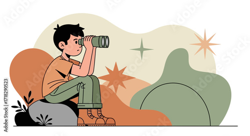 Young Person Looking Through Binoculars Over Abstract Shapes And Illustrative Design