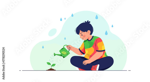 Young Person Nurturing A Seedling With Animated Watering Can in a Colorful Setting