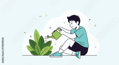 Young Person Nurturing Plant Life: A Peaceful Illustration of Gardening Activities