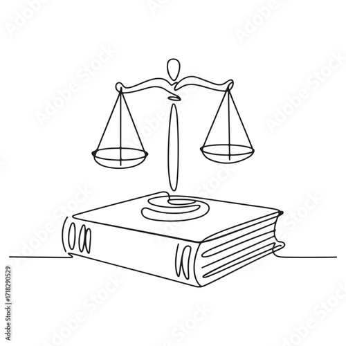 Scales of Justice on Open Law Book Minimalist Line Art Vector Illustration