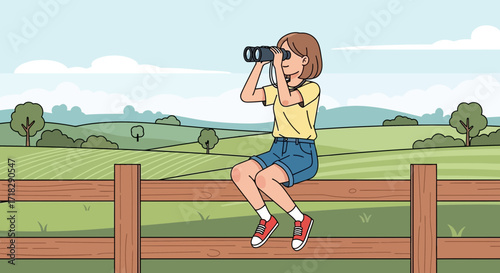 Young Person Observing Nature Fields With Binoculars On A Sunny Afternoon