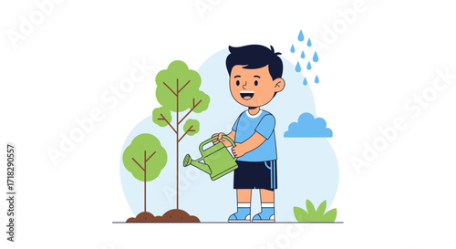 Young Person Nurturing Saplings Demonstrates Environmental Care with Watering Can Illustration