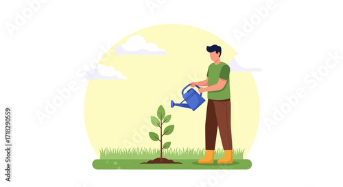 Nurturing Young Growth: An Illustration of Planting and Watering a Sapling with Care