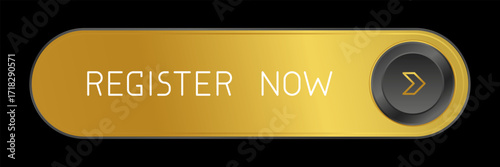 Modern golden rounded CTA button with shine, "Register now" text, arrow icon, 3D effect, web UI element for landing pages, mobile apps or banners.