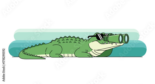 Observant Alligator With Binoculars Enjoying The View On Relaxing Summer Day
