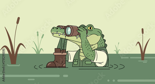 Observant Alligator Sporting Binoculars in Swampy Terrain While Observing Wildlife