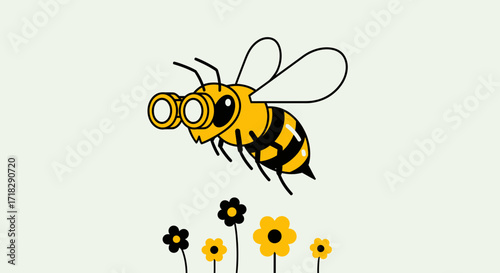 Observant Bee Inspecting Flowers with Binoculars in a Playful Cartoon Illustration