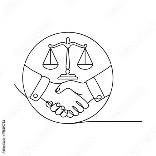 Lawyer Handshake with Scales of Justice Continuous Line Art Vector Illustration