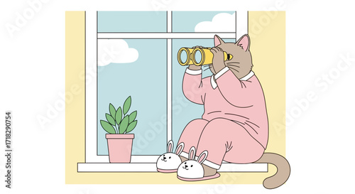 Observant Cat Observing The Outdoors Through Binoculars In Its Homely Residence Setting