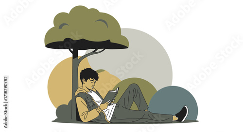 Young Person Reading a Book Under a Tree in Illustrated Minimalistic Design