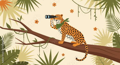 Observant Cheetah Using Binoculars in Jungle Landscape Illustrating Observation