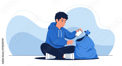 Young Person Putting Trash Into Garbage Bag Illustrating Environmental Protection Activities
