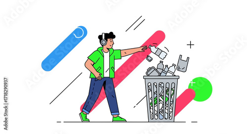 Young Person Recycling Plastic Bottles At The Recycling Bin With Modern Graphic Elements