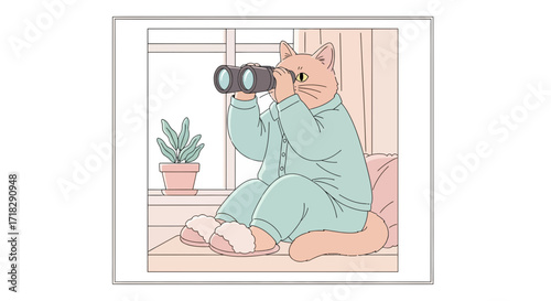 Observant Feline Gazing Through Binoculars While Relaxing At Home In Soft Pajamas