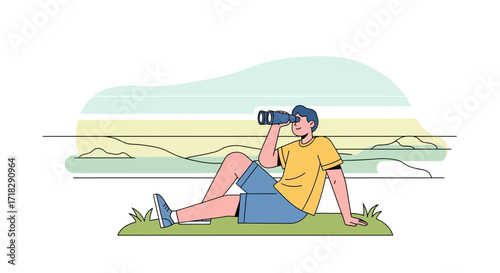 Young Person Relaxing And Observing Natural Scenery With Binoculars At Peaceful Location