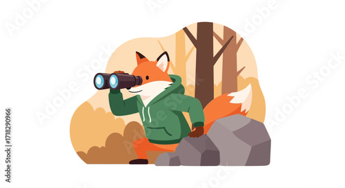Observant Fox Utilizing Binoculars Enriched In Forest Setting Discovering Hidden Scenery