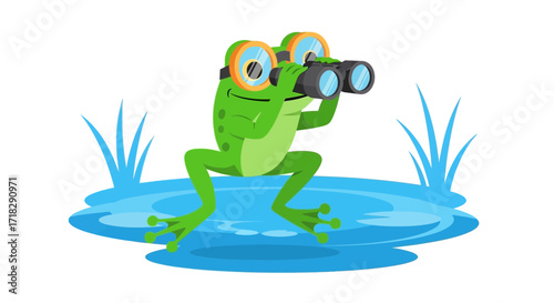 Observant Frog Engaged In Wildlife Exploration Using Binoculars For Aquatic Monitoring