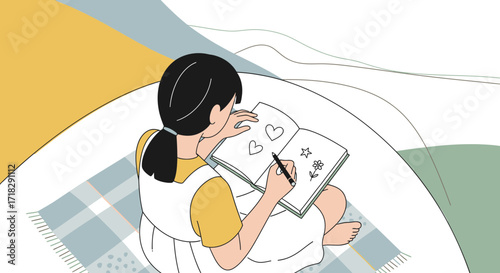 Young Person Sketching Hearts And Flowers In A Journal, Creative Summer Moments