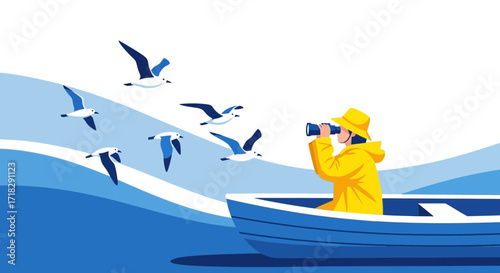 Observant Mariner Viewing the Horizon While Accompanied by Soaring Seabirds on the Water