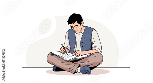 Young Person Sketching In A Notebook While Sitting On The Floor Relaxed And Calm
