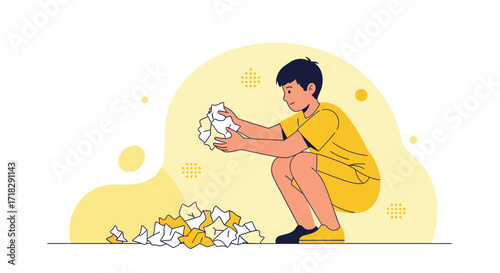Young Person Sorting Crumpled Paper Documents, Illustration on a Yellow Backdrop